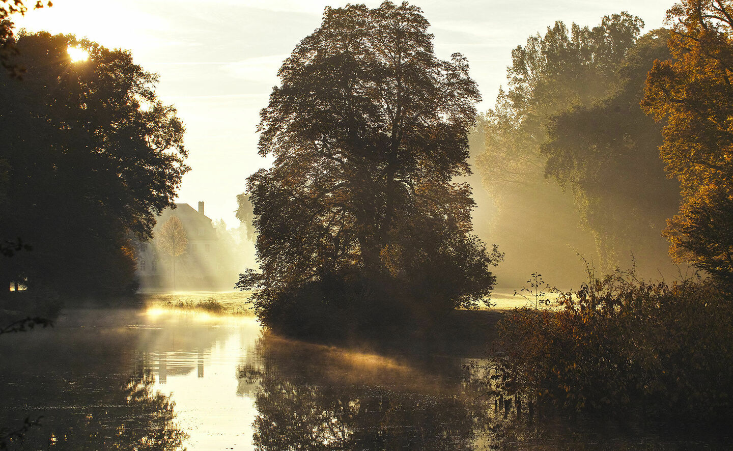 Sonnenaufgang &uuml;ber Schloss Branitz und dem Schilfsee im Innenpark, Foto: Hans Bach, Potsdam / SFPM (2013)